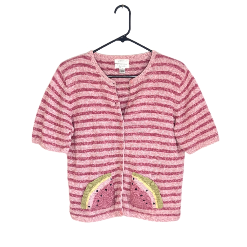 Vintage Short Sleeve Knit Striped Watermelon Fruit Pocket Cardigan